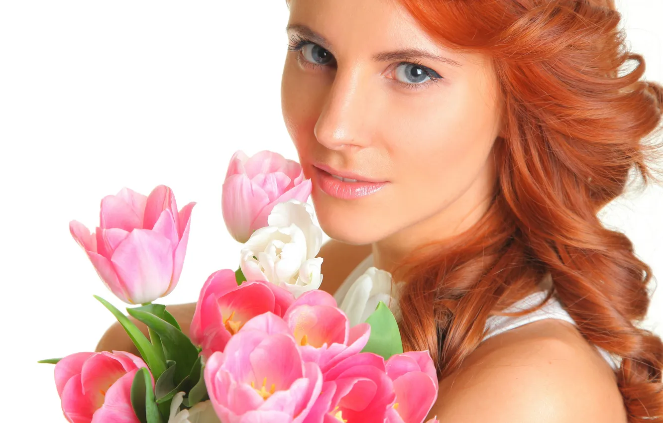 Photo wallpaper eyes, girl, flowers, face, woman, bouquet, tulips