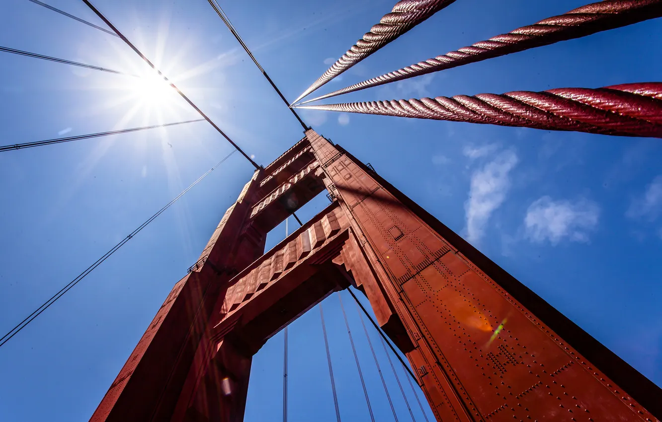 Photo wallpaper the sky, the sun, bridge, rope, support
