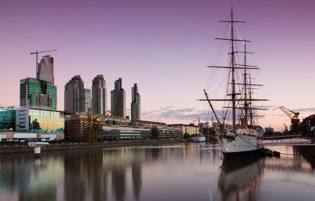Photo wallpaper the city, river, building, sailboat, the evening