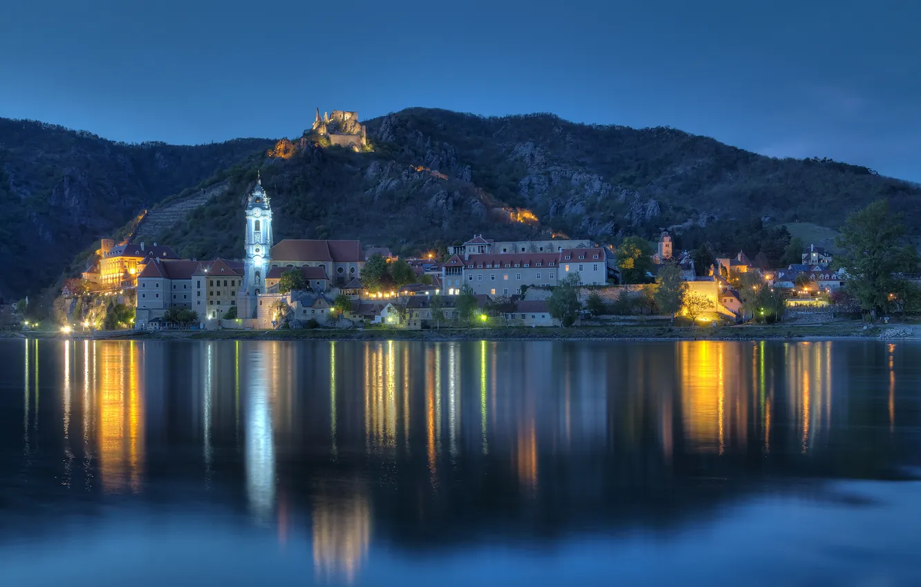 Photo wallpaper water, lights, reflection, river, shore, the evening, Austria, The Danube