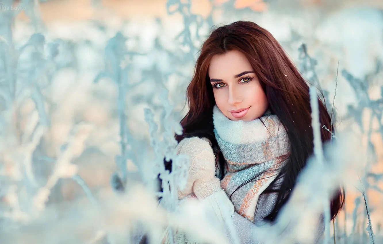 Photo wallpaper winter, frost, look, girl, light, snow, nature, face