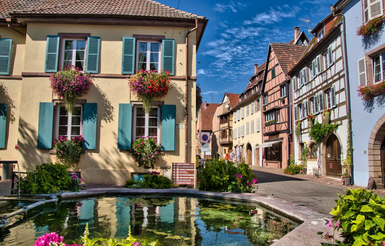 Photo wallpaper pond, France, home, village, Eguisheim