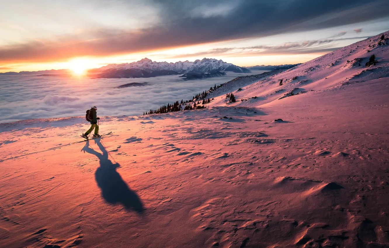 Photo wallpaper sky, landscape, sunset, freedom, snow, man, Feel
