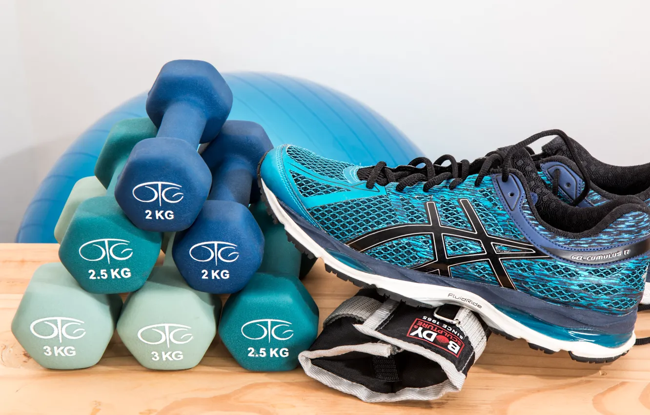 Photo wallpaper gloves, sneakers, dumbbells, fitnees