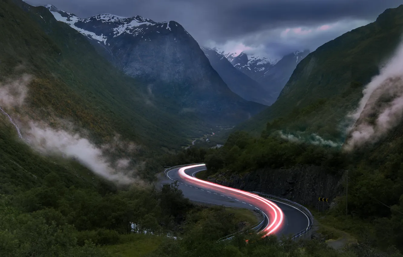 Photo wallpaper road, light, mountains, excerpt