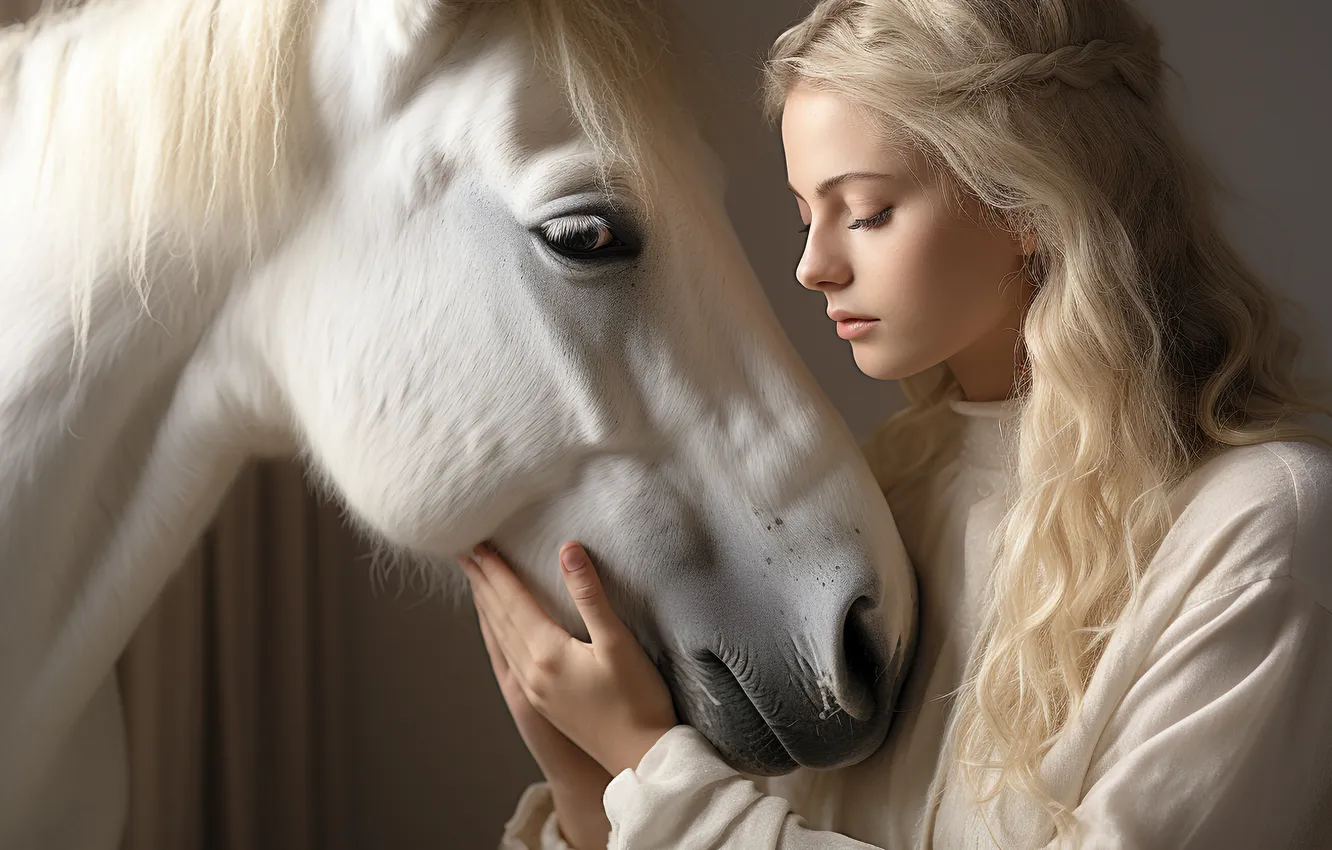 Photo wallpaper white, girl, pose, each, room, horse, horse, portrait