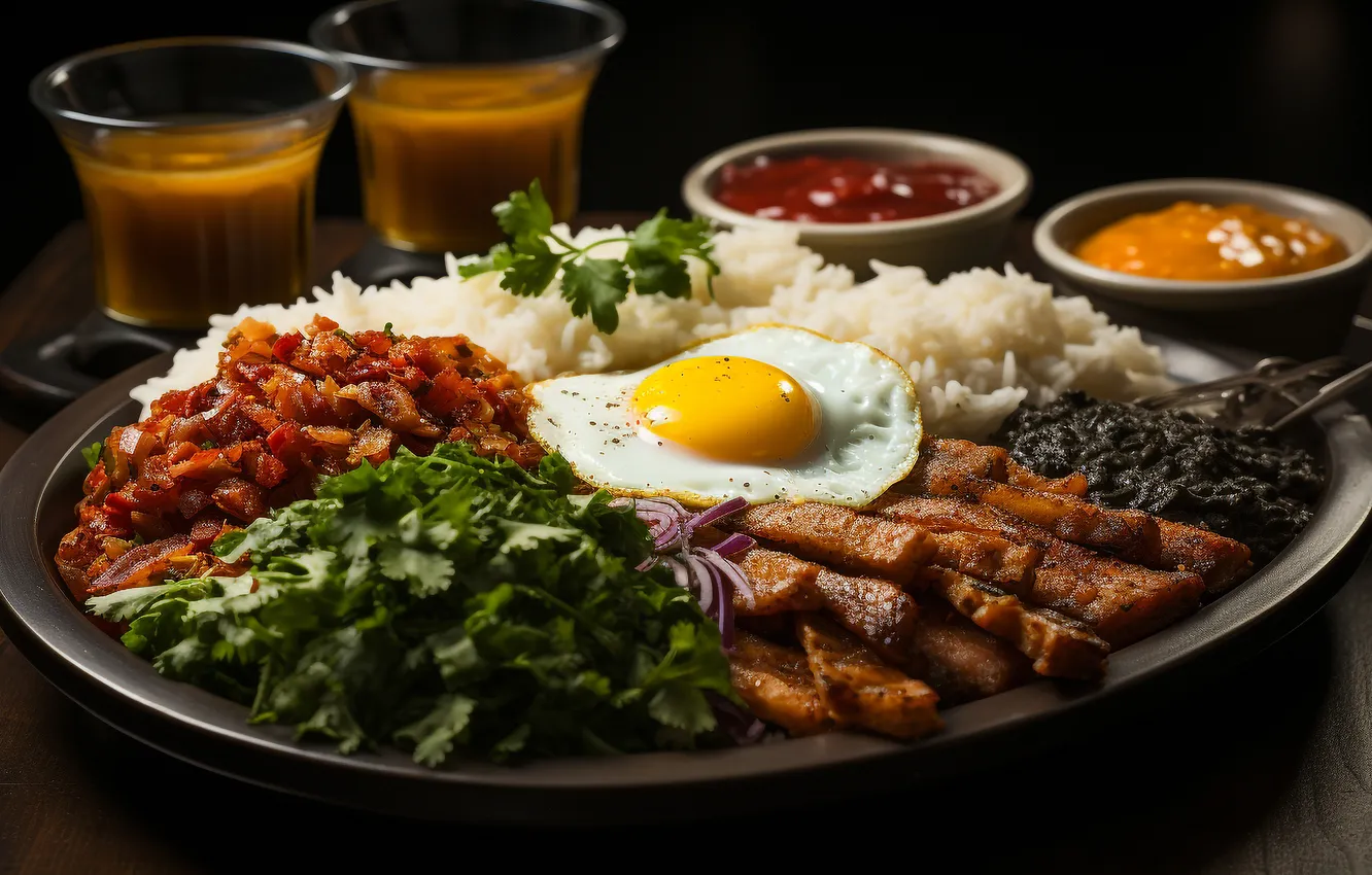 Photo wallpaper greens, glass, food, eggs, bow, meat, drink, figure