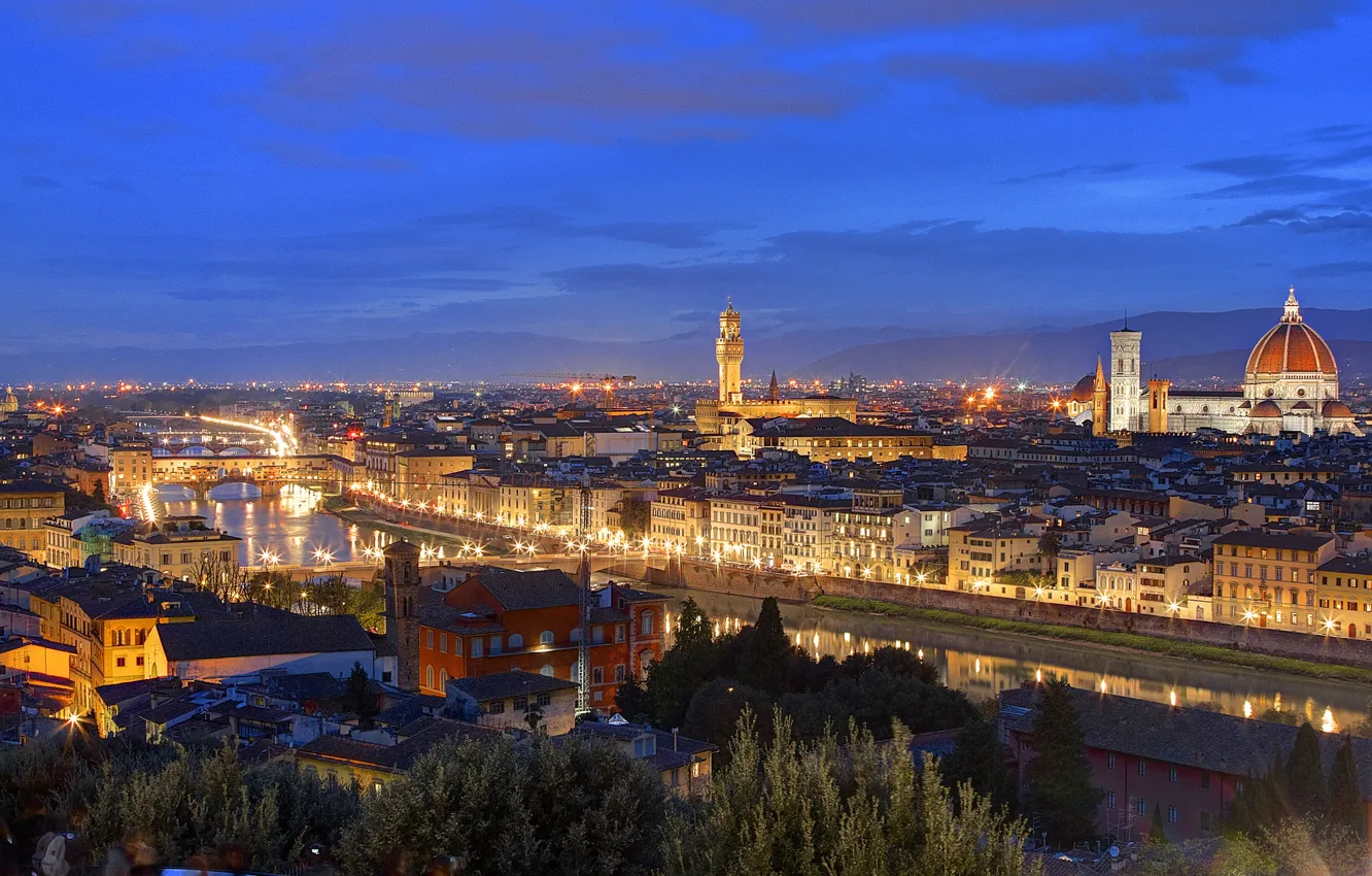Photo wallpaper lights, home, the evening, roof, Italy, Florence, twilight, Tuscany
