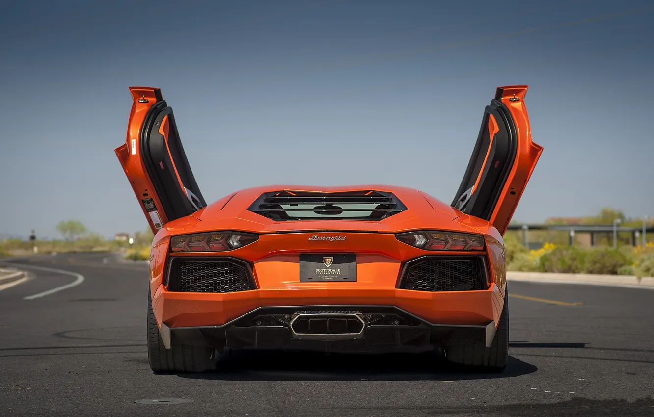 Photo wallpaper orange, shadow, lamborghini, orange, back, aventador, lp700-4, Lamborghini