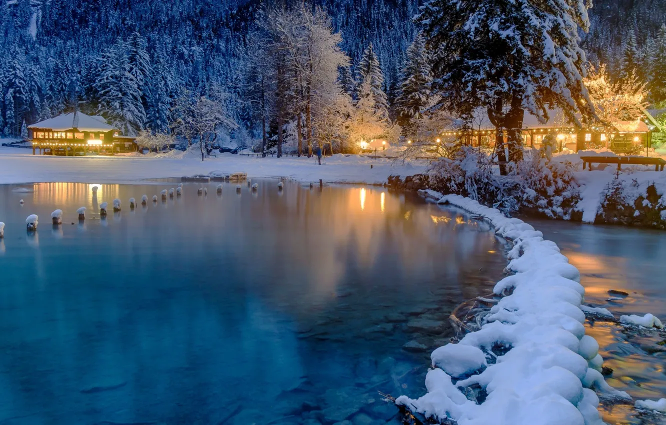 Photo wallpaper winter, snow, trees, lake, home, the evening, ate, lighting