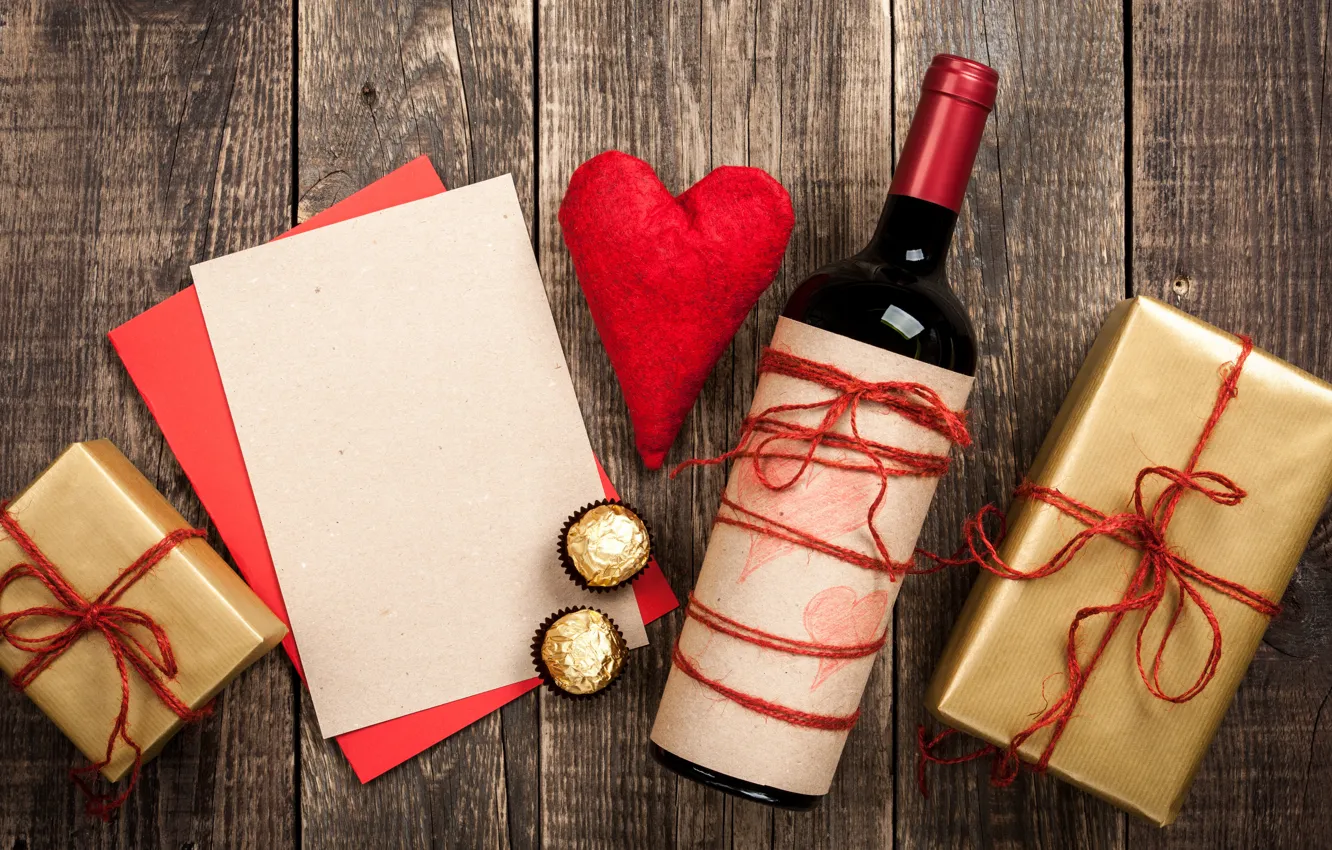 Photo wallpaper love, gift, wine, heart, bottle, hearts, red, love