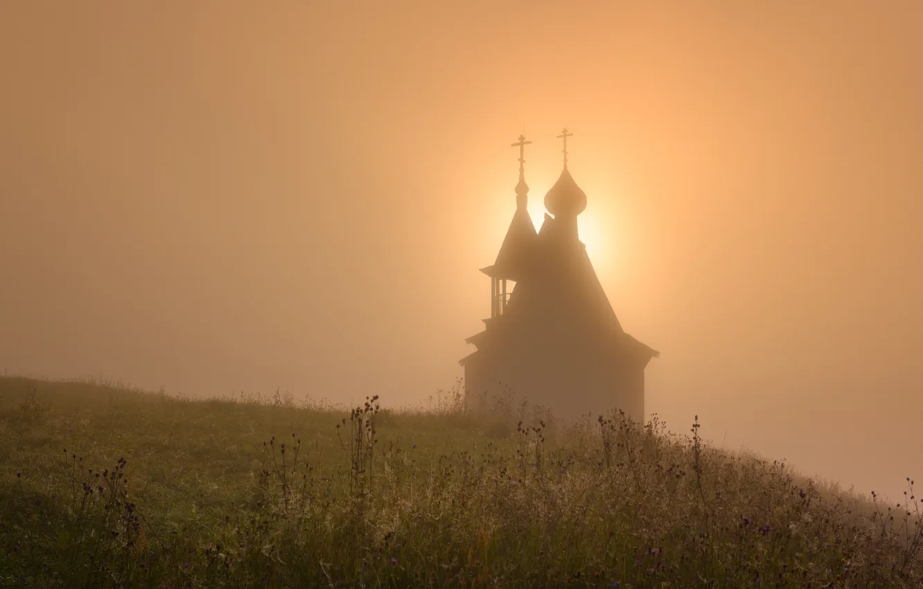 Photo wallpaper field, fog, silhouette, meadow, Church