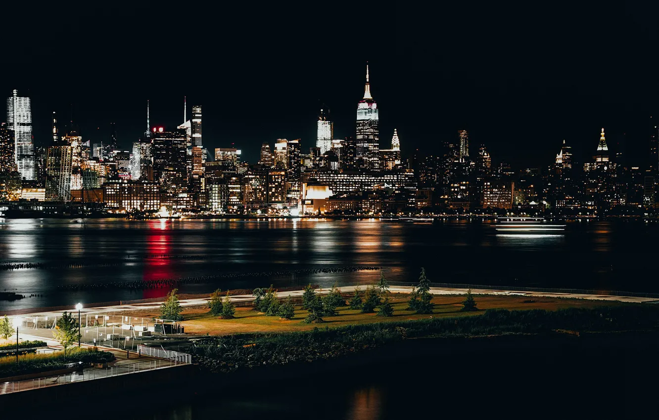 Photo wallpaper city, lights, USA, river, night, New York, NYC, New York City