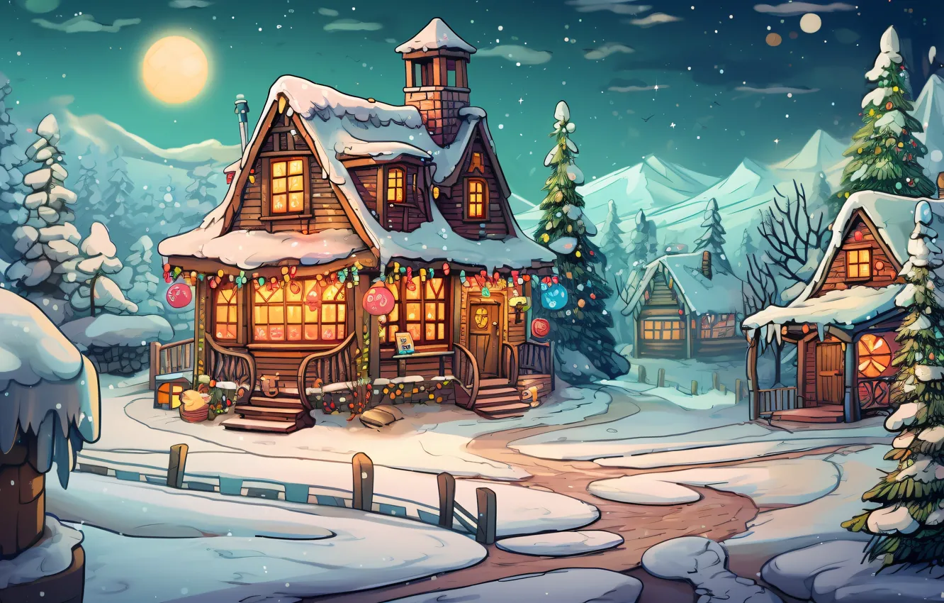 Photo wallpaper winter, snow, holiday, graphics, tree, new year, home, Christmas