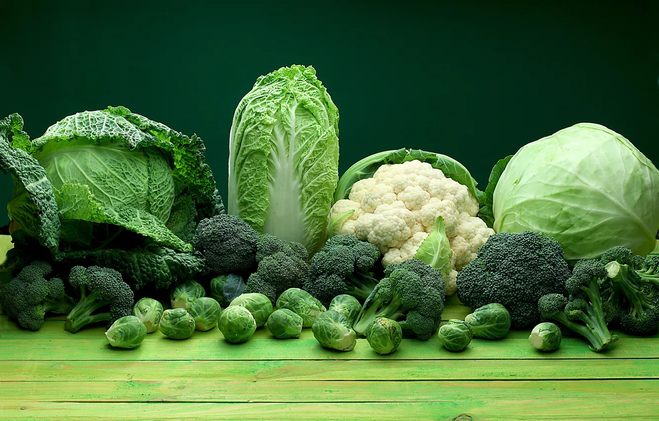 Photo wallpaper green, green, vegetables, color, cabbage, wood, broccoli, vegetables