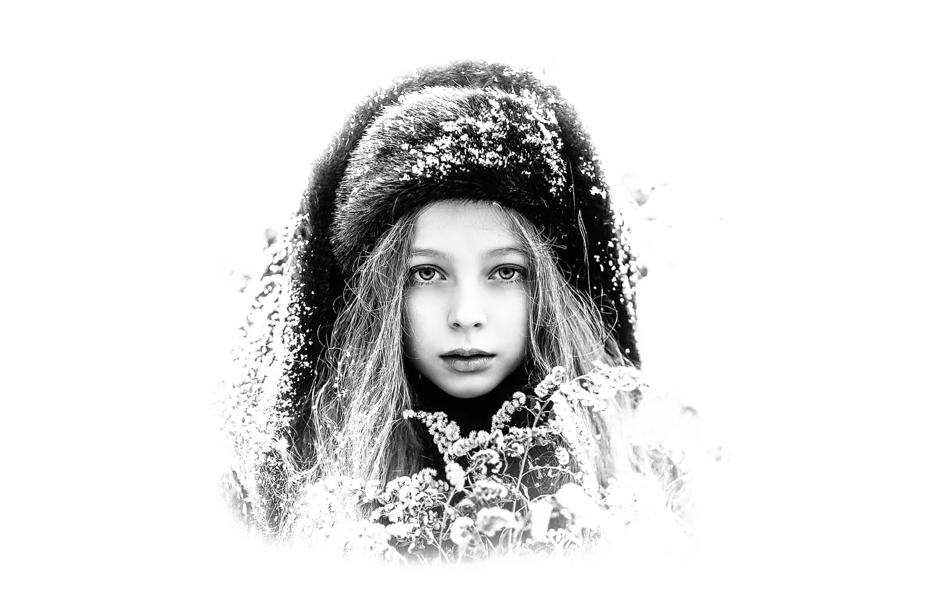 Photo wallpaper snow, hat, girl, BW portrait, Polina Karpenko, Sergey Piltnik (Pilnik)