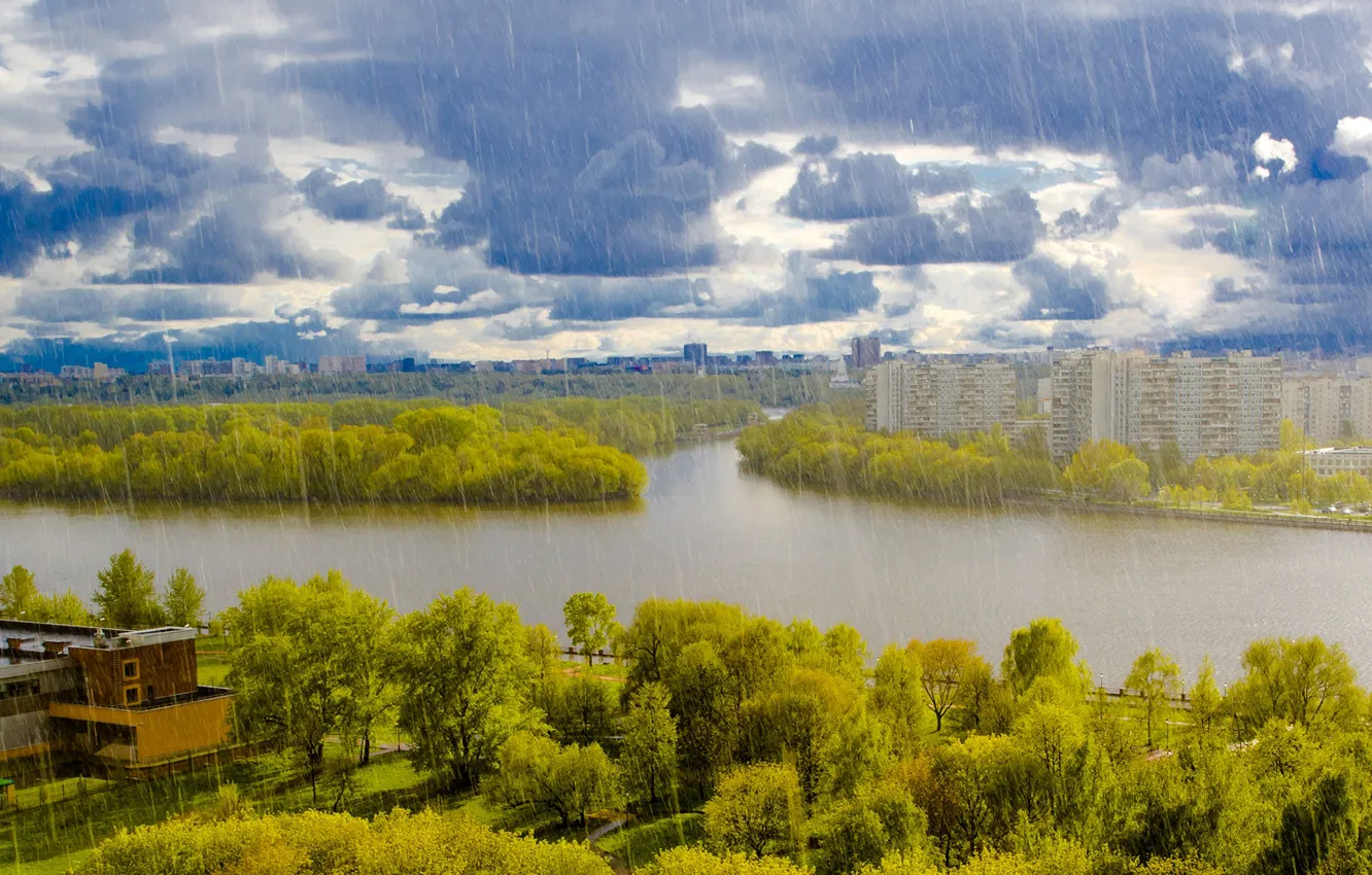 Photo wallpaper the sky, trees, clouds, river, rain, home, Moscow, Russia