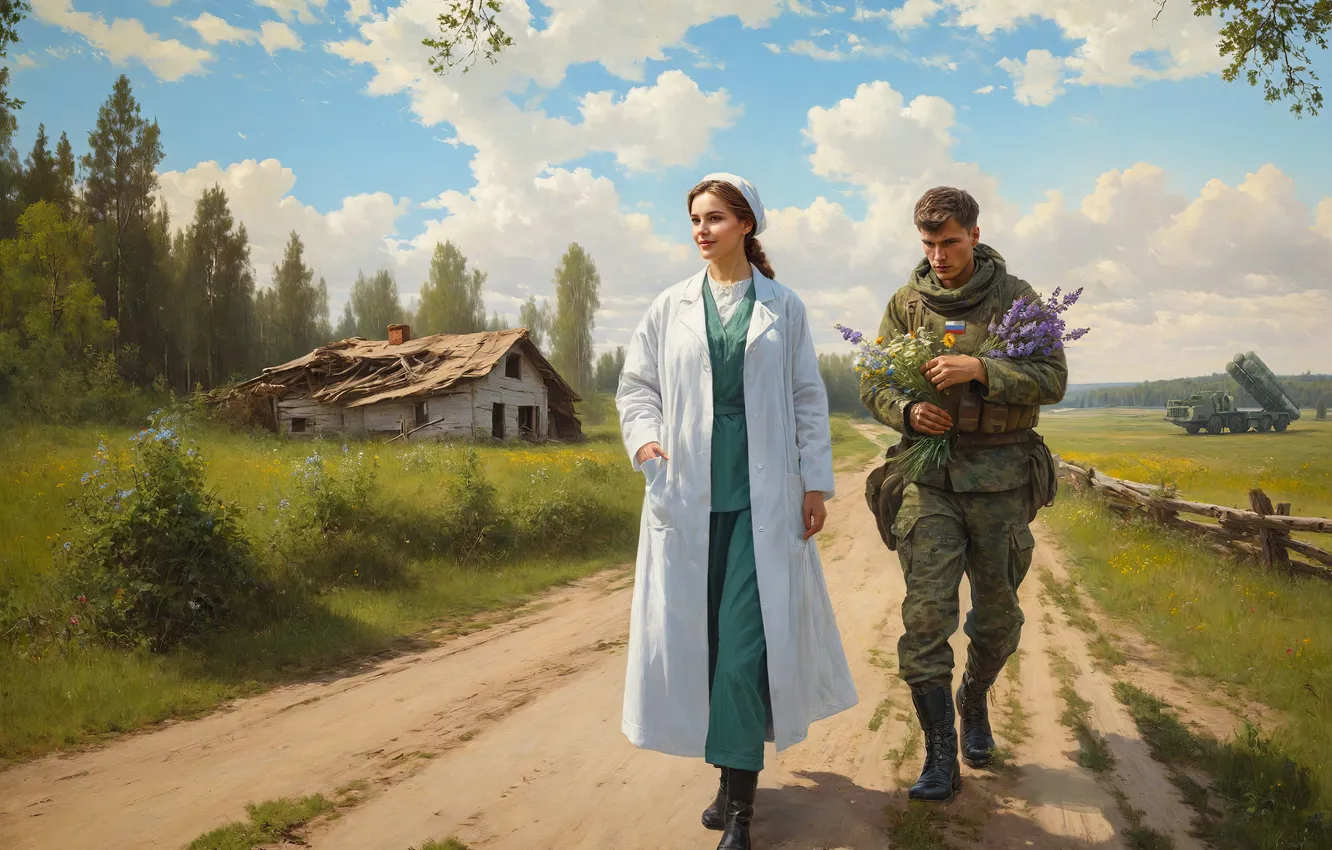 Photo wallpaper road, flowers, war, art, soldiers, Russia, two, Ukraine