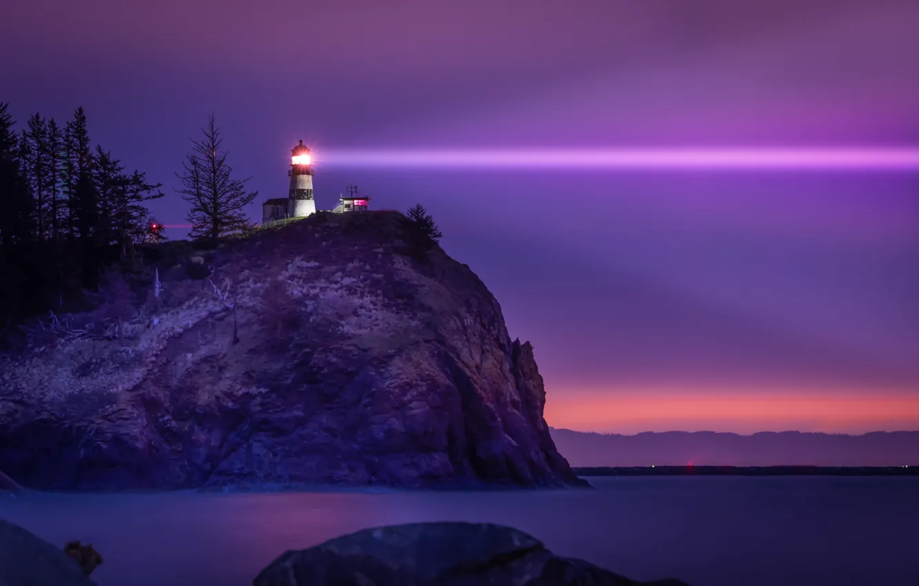 Photo wallpaper light, landscape, night, nature, rock, the ocean, lighthouse, USA