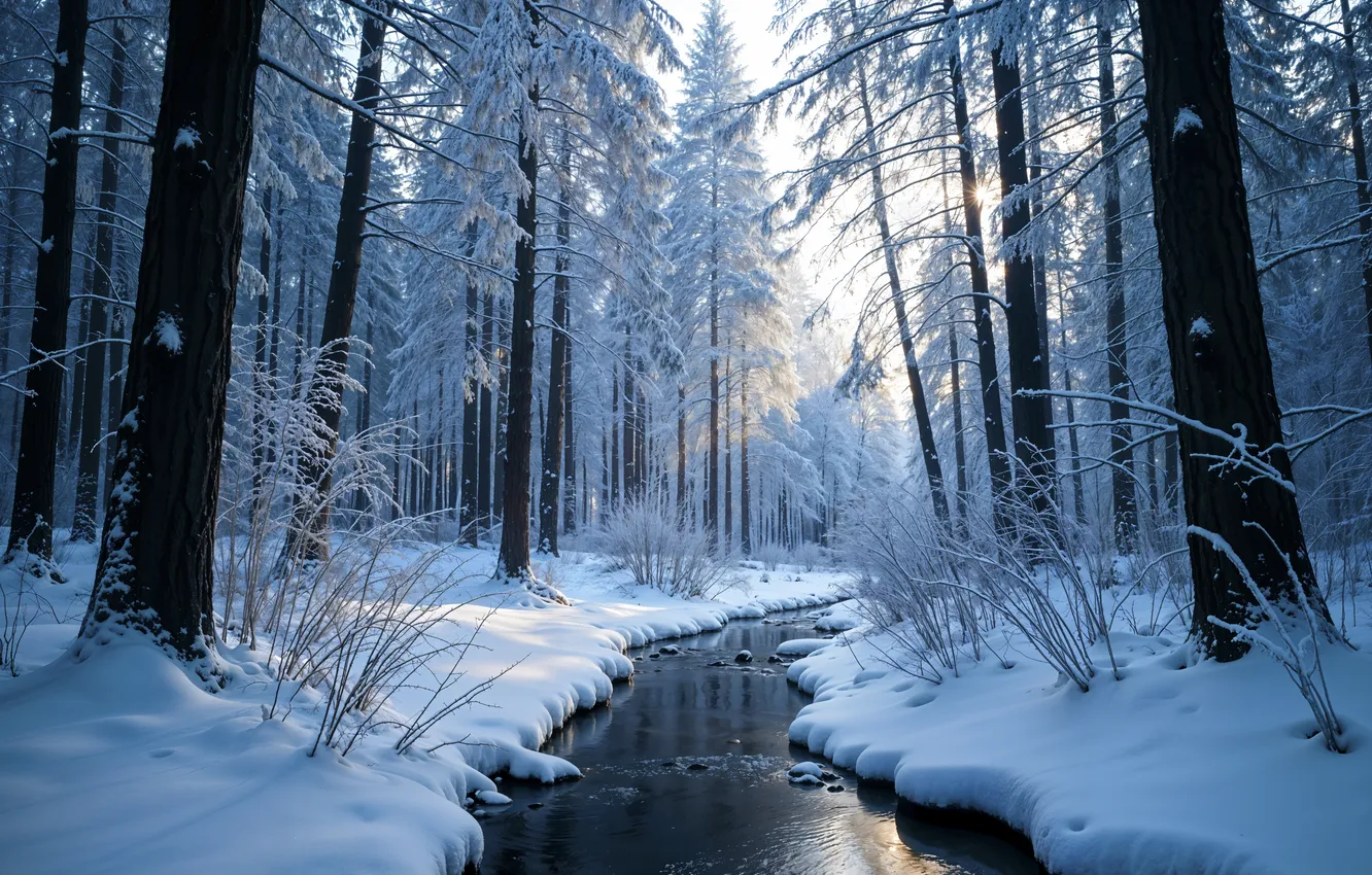 Photo wallpaper winter, forest, snow, river, tree, forest, nature, winter