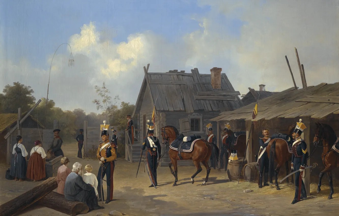 Photo wallpaper 1843, SOLDIERS BIVOUACKING IN A VILLAGE, Adolf Ignatevich Ladurner