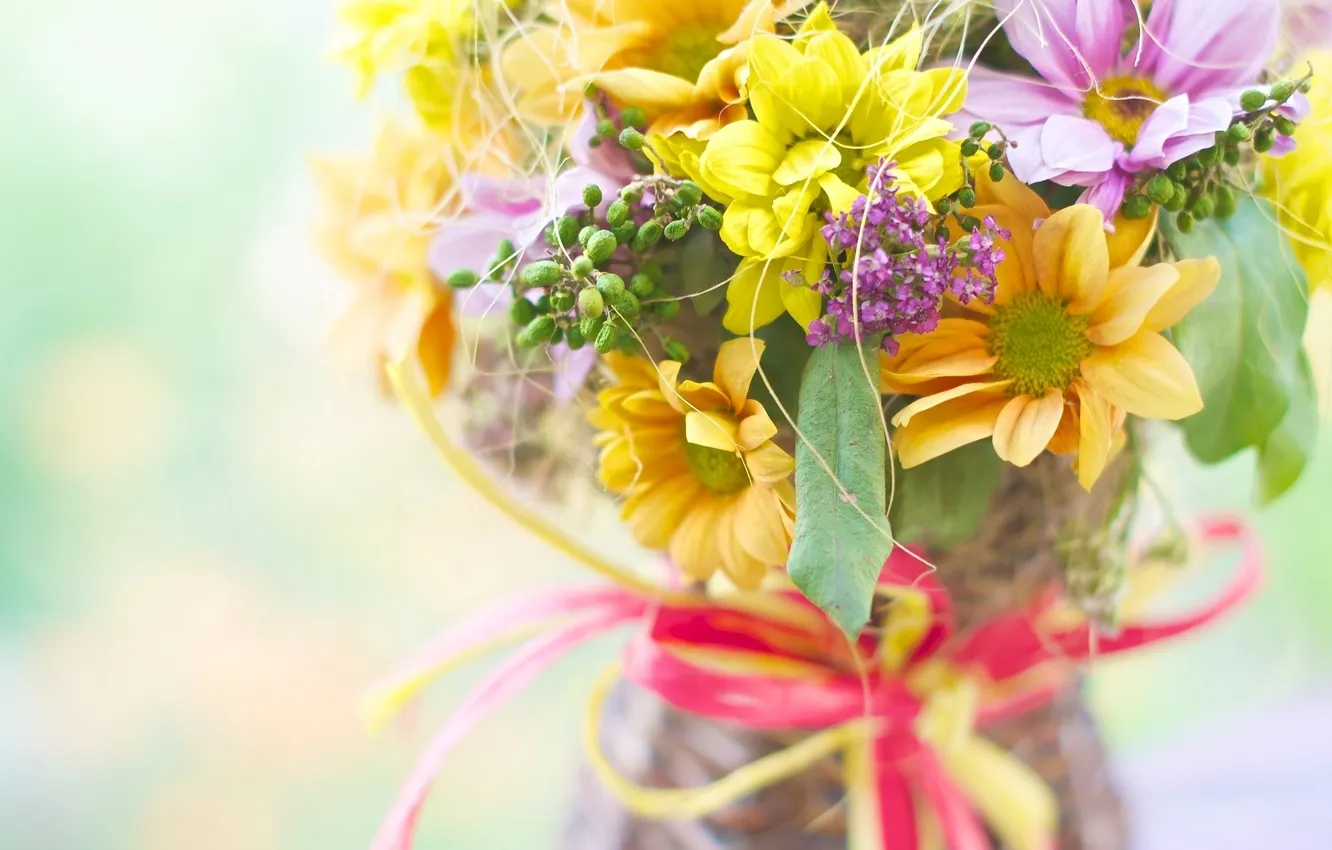Photo wallpaper flowers, bouquet, bow, chrysanthemum, composition