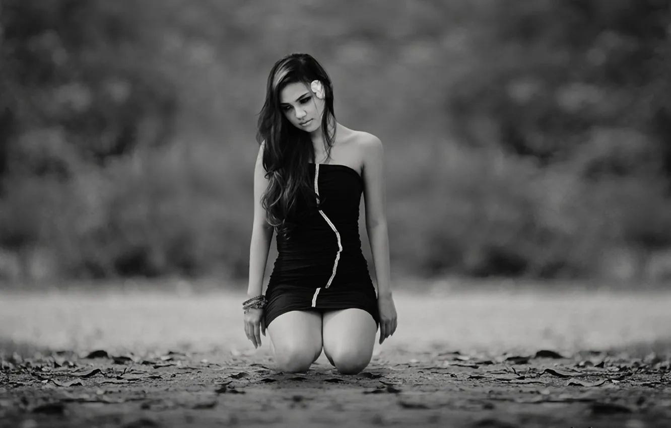 Photo wallpaper sadness, girl, dress, black and white, sitting, black and white, on earth