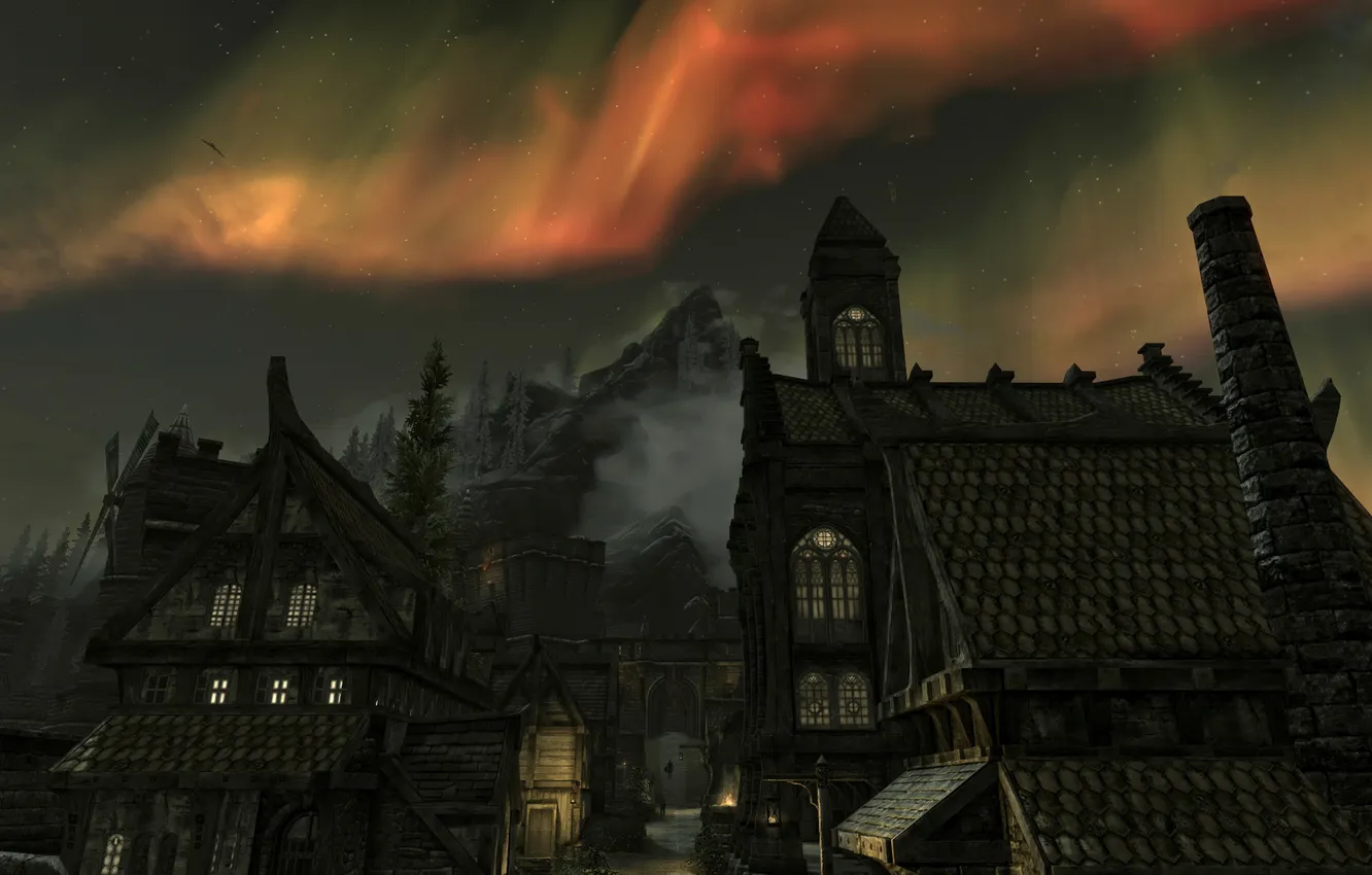 Photo wallpaper night, the city, Northern lights, solitude, Skyrim
