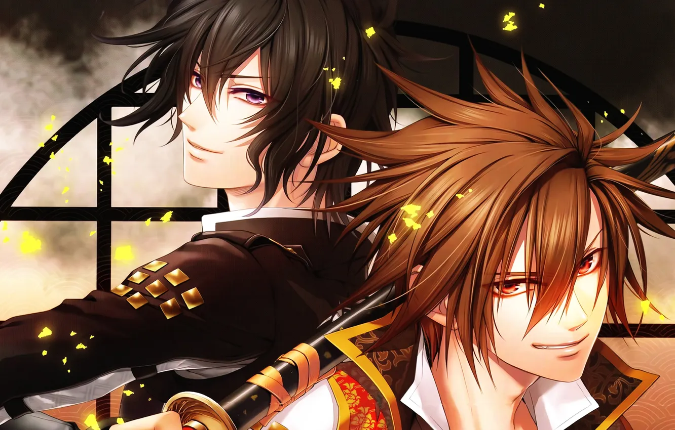 Photo wallpaper sword, sparks, male, two, Kazuya, Chitose, Toki no Kizuna