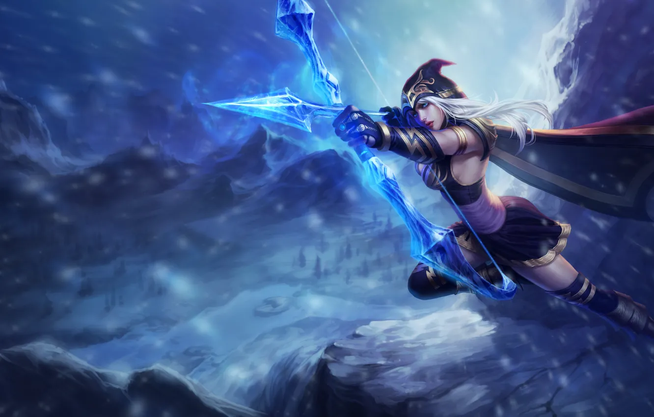 Photo wallpaper fantasy, art, winter, snow, League of Legends, bow, Illustration, Ashe