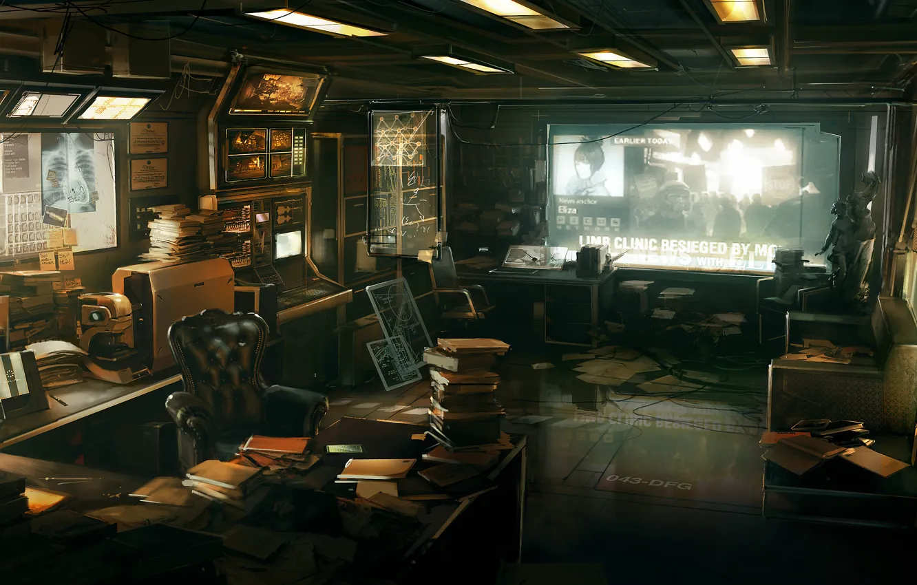 Photo wallpaper table, books, chair, office, monitor, Deus Ex 3, paper, furnished