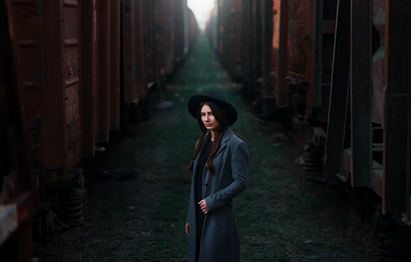 Photo wallpaper girl, model, portrait, hat, cars, braids, coat, beauty