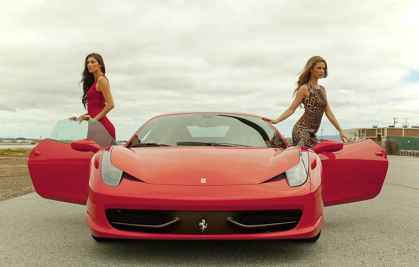 Photo wallpaper auto, look, Girls, Ferrari, beautiful girls, posing over the car