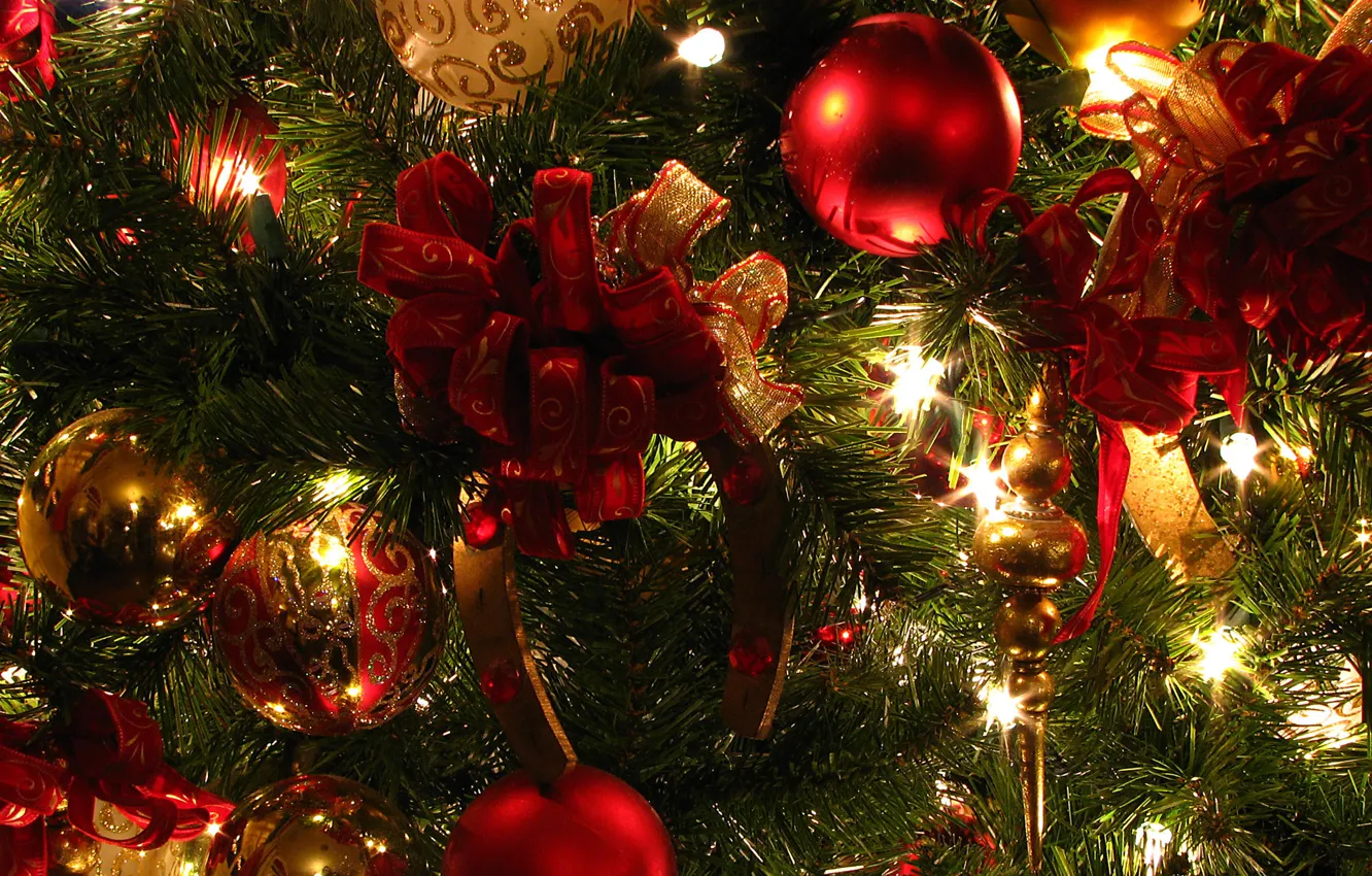 Photo wallpaper red, green, tree, lights, decoration, Christmas decorations