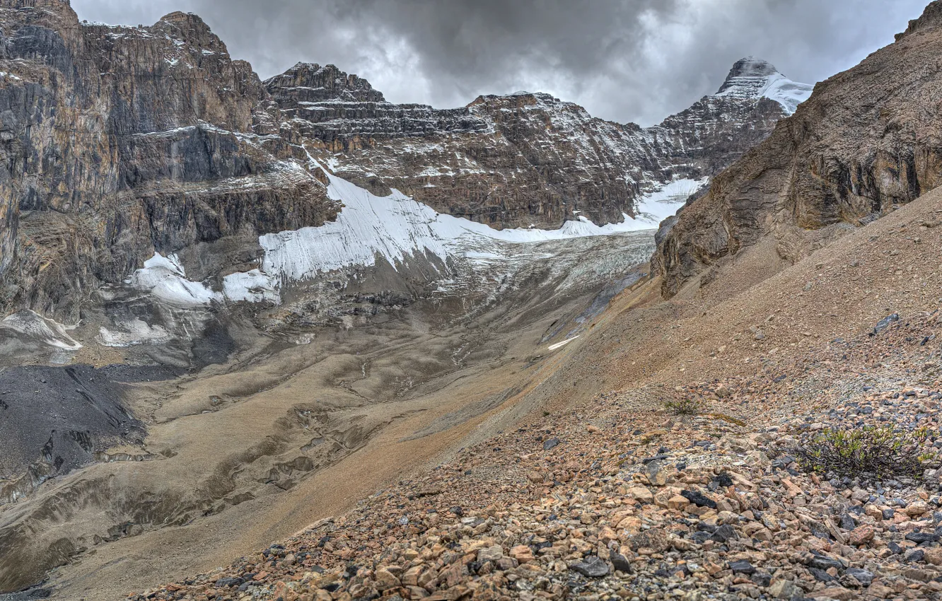 Photo wallpaper snow, mountains, stones, rocks