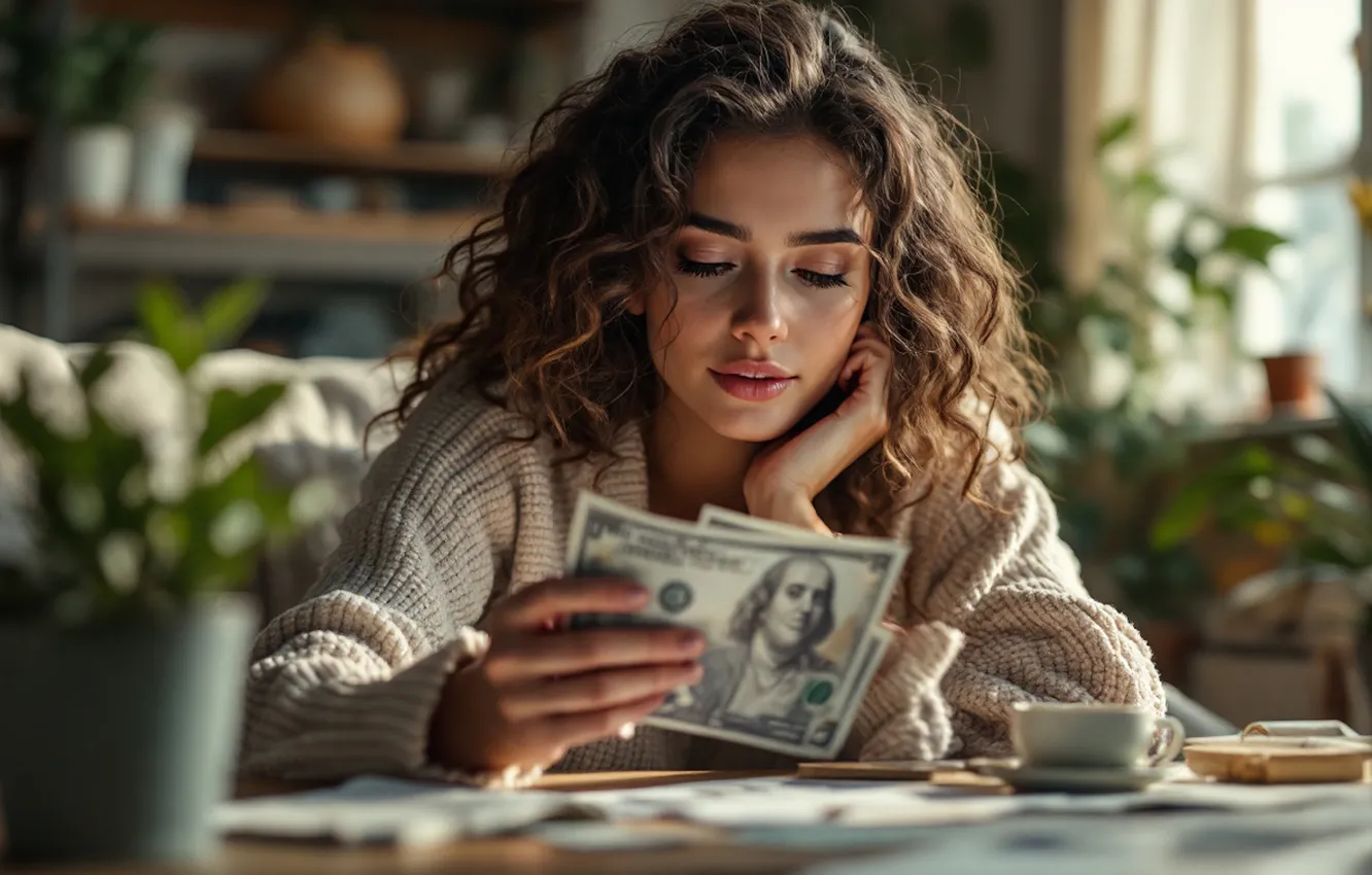 Photo wallpaper girl, table, room, money, hands, brown hair, dollars, bills