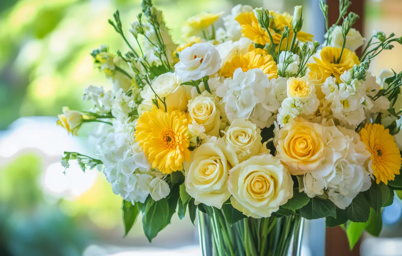 Photo wallpaper light, flowers, yellow, roses, bouquet, white, gerbera, different