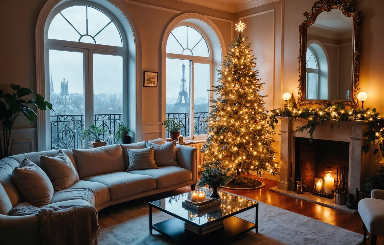 Photo wallpaper room, Paris, tree, new year, interior, Christmas, Eiffel tower, Paris