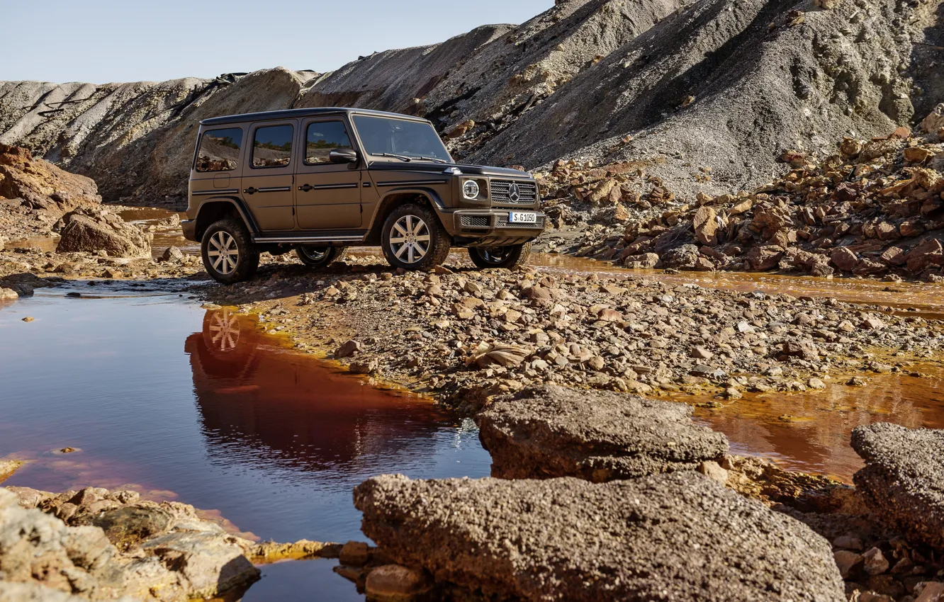 Photo wallpaper water, stream, stones, Mercedes-Benz, breed, 2018, the ground, G-Class