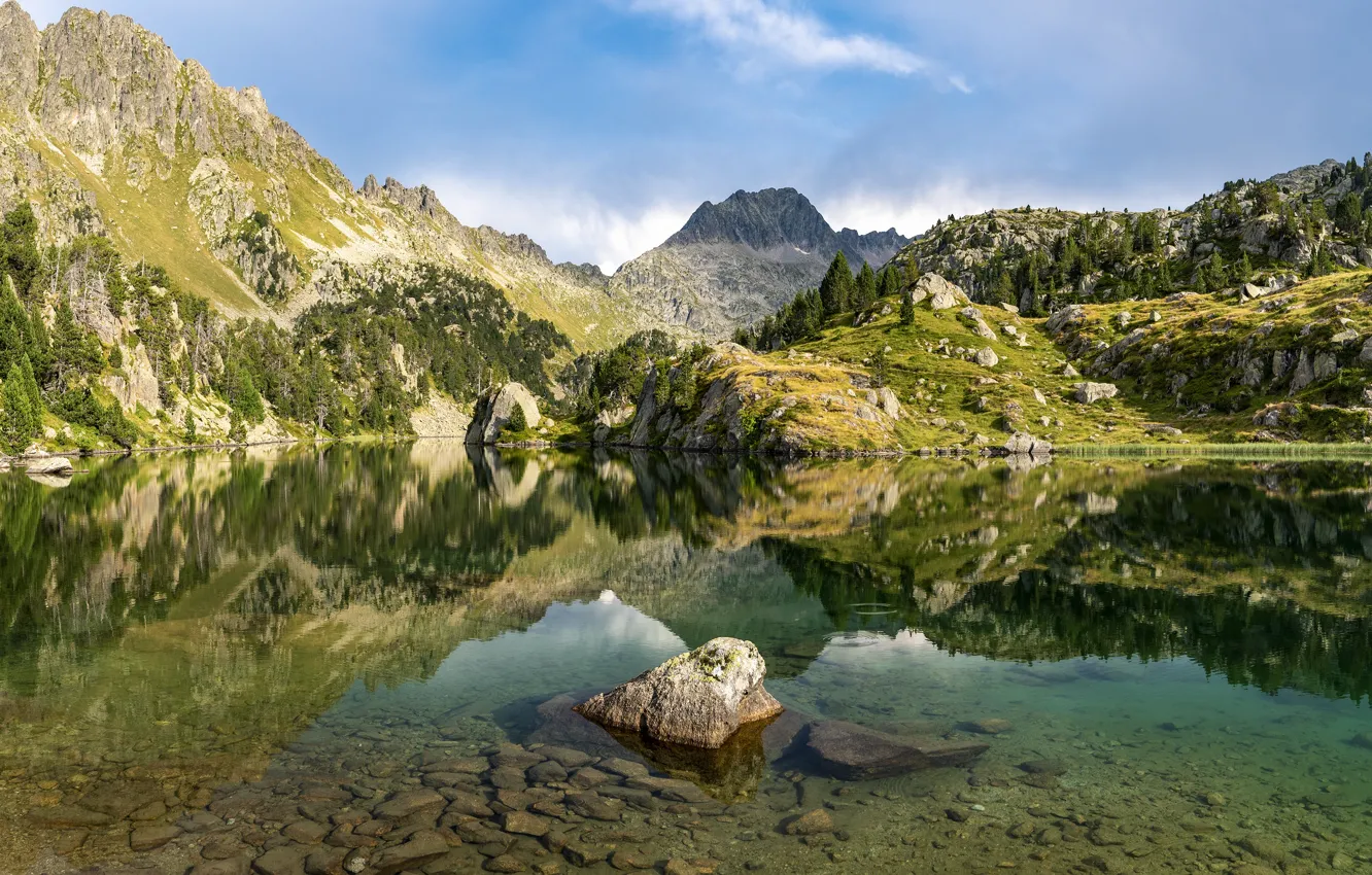 Photo wallpaper forest, lake, reflection, stones, rocks, shore, the bottom