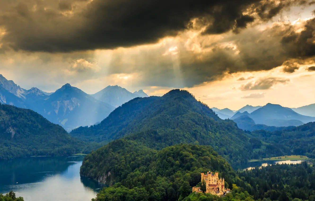 Photo wallpaper forest, landscape, mountains, nature, castle, panorama, Germany, Schwangau