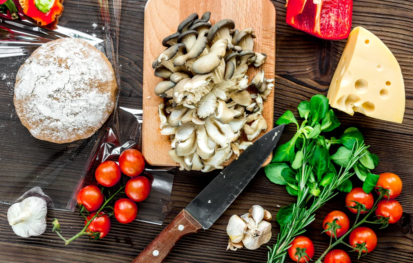 Photo wallpaper mushrooms, cheese, pizza, tomatoes, the dough, cuts, blank
