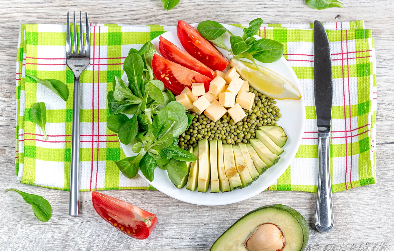 Photo wallpaper cheese, plate, plug, vegetables, tomatoes, salad, avocado