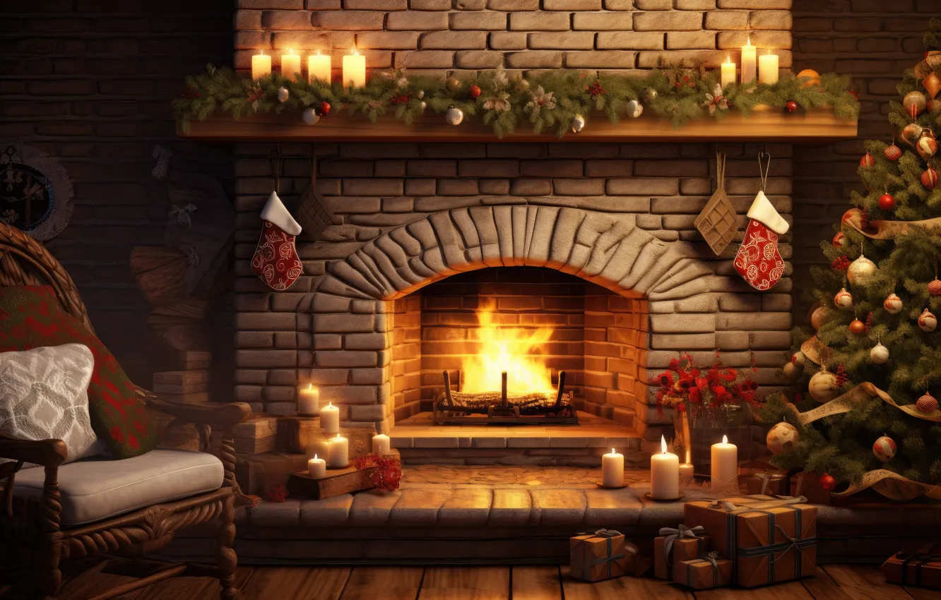 Photo wallpaper decoration, room, gift, balls, tree, new year, interior, Christmas