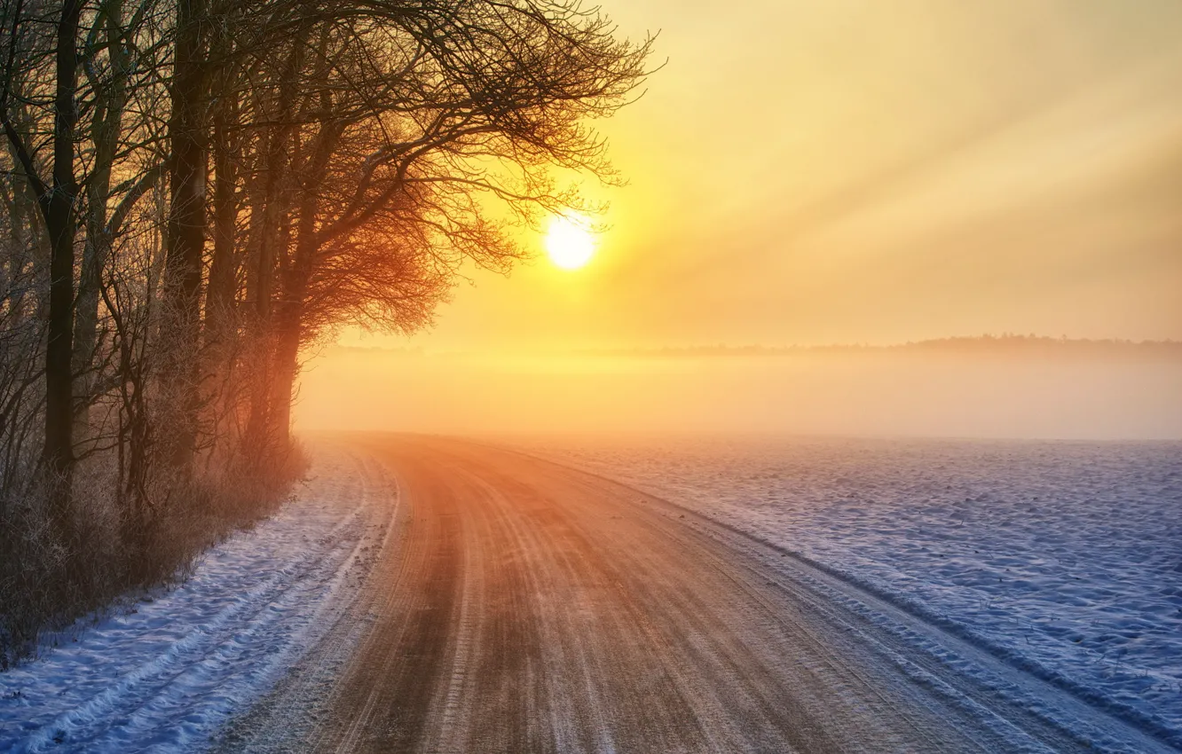 Photo wallpaper winter, road, sunset