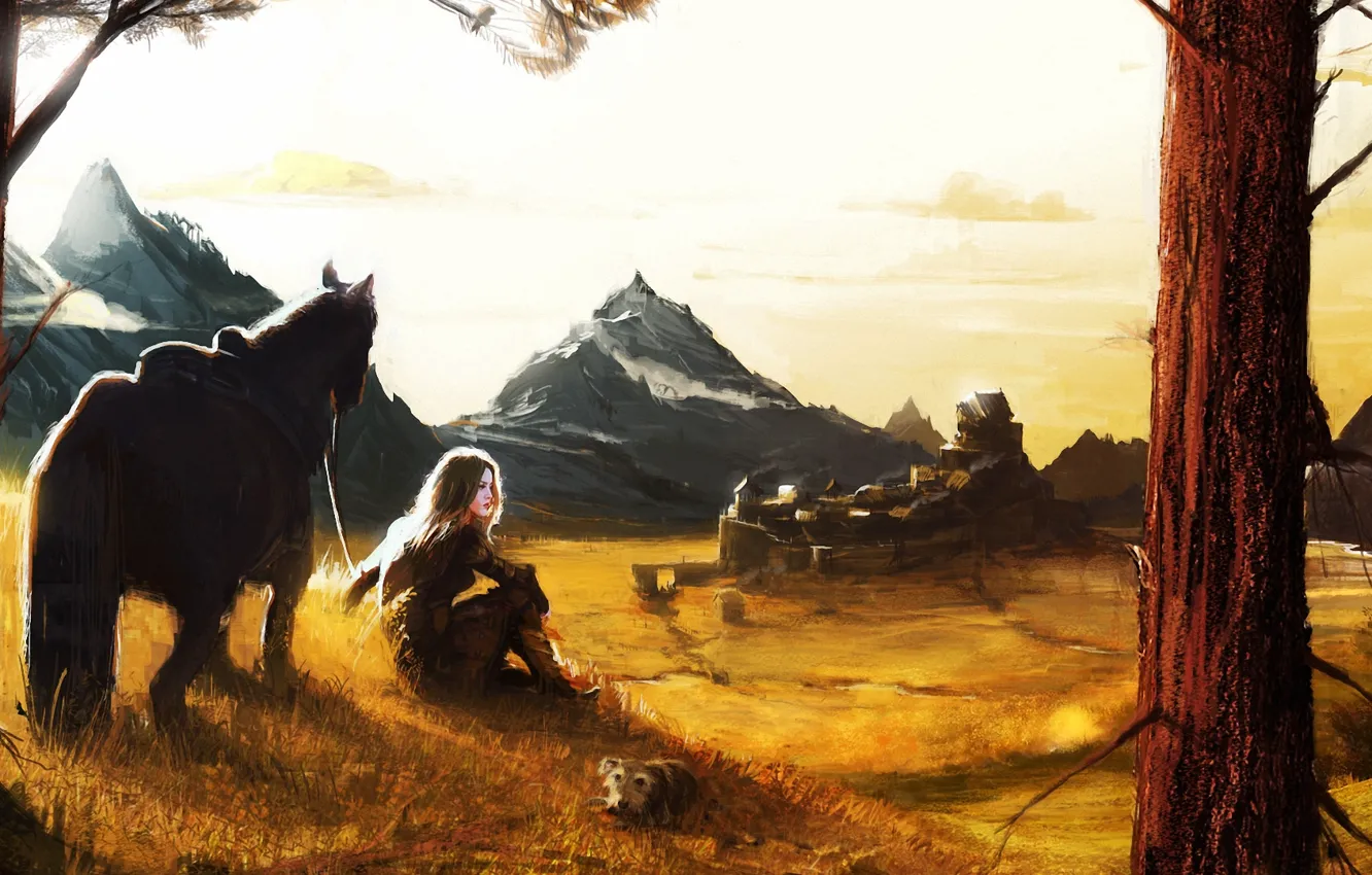 Photo wallpaper girl, trees, mountains, the city, horse, art, settlement, dog