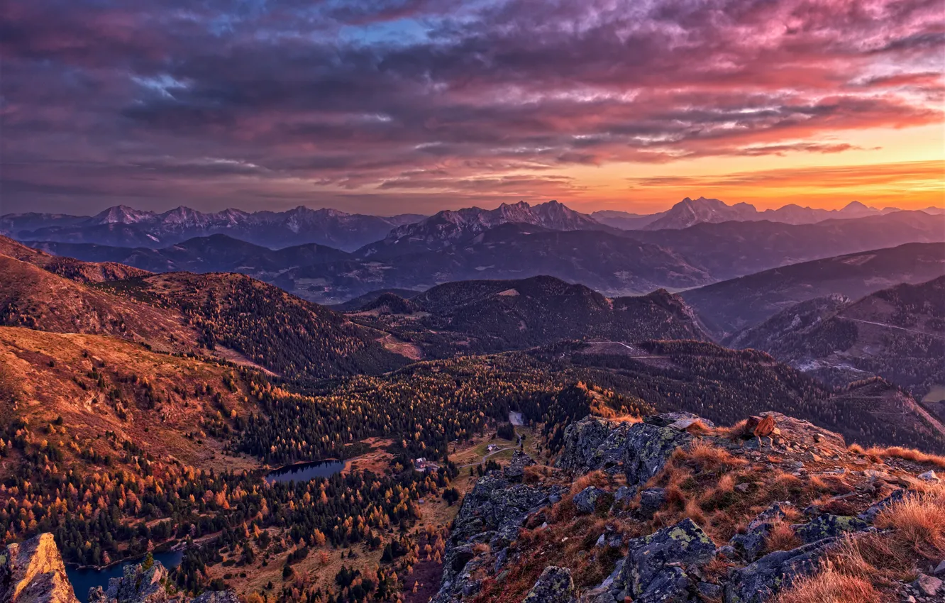 Photo wallpaper sunset, photo, Nature, Mountains, Austria, Alps, Dawn, Landscape