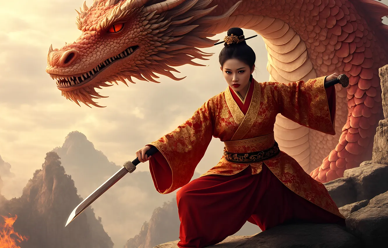Photo wallpaper girl, sword, Chinese, Asian, red dress, The dragon is red