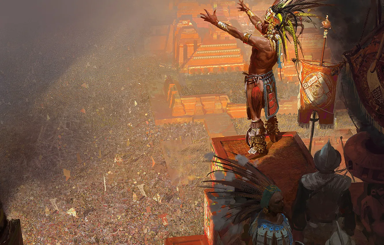 Photo wallpaper art, painting, Pyramid, Aztec