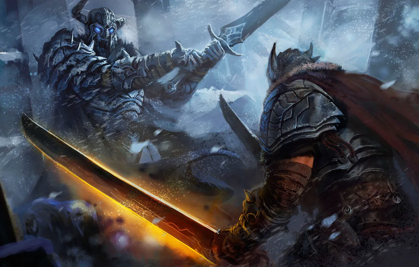 Photo wallpaper cold, snow, fiction, sword, armor, the demon, art, armor